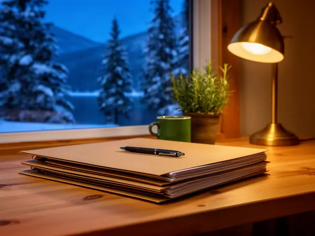 A neat stack of closed manila folders and a pen on a desk by a window.