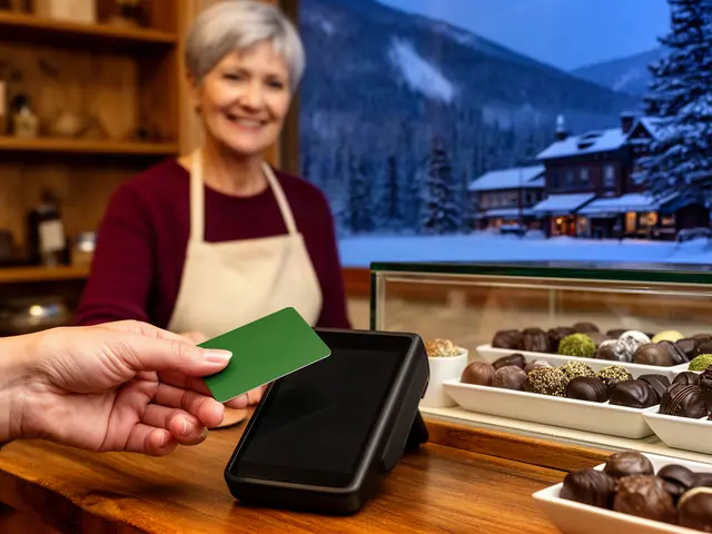 A customer taps a card on a counter terminal at a small chocolate shop.