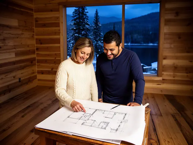 Two business partners looking over a pencil floor sketch in an empty storefront.
