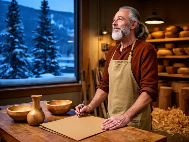 A woodturner at his bench with two turned maple bowls, a turned vase and a closed folder.